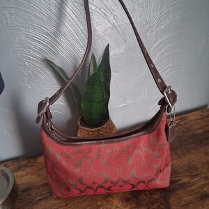 Coach Red and Brown Signature Shoulder Bag